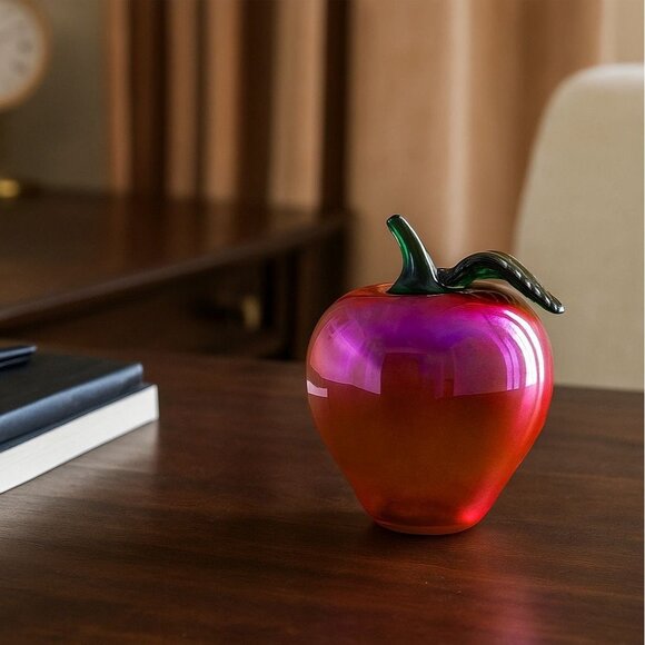 Vintage Glass Eye Studio Red Iridescent Glass Apple Paperweight, Signed GES 99 - Picture 1 of 9